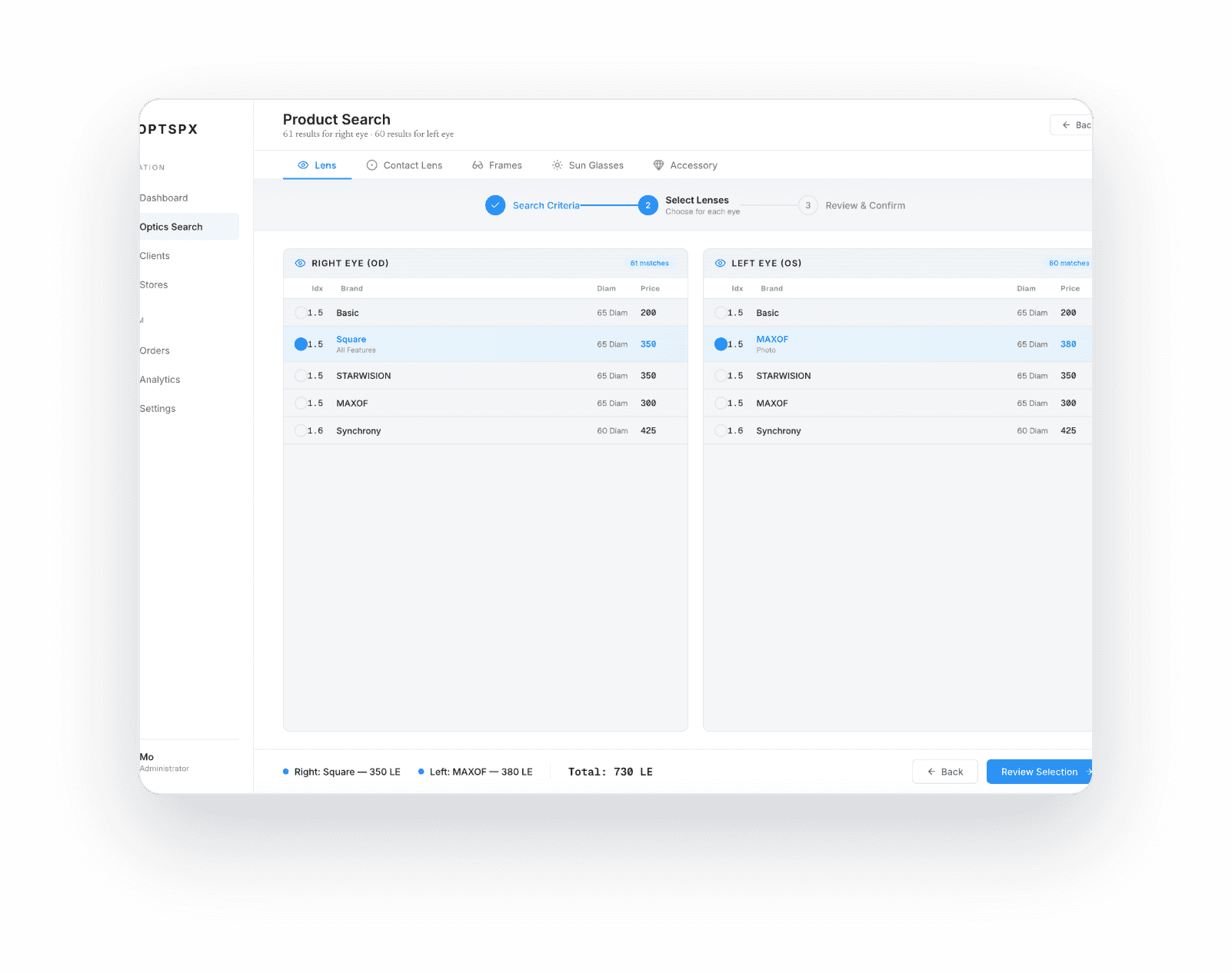 The OPTSPX product search screen with left and right eye results side by side.
